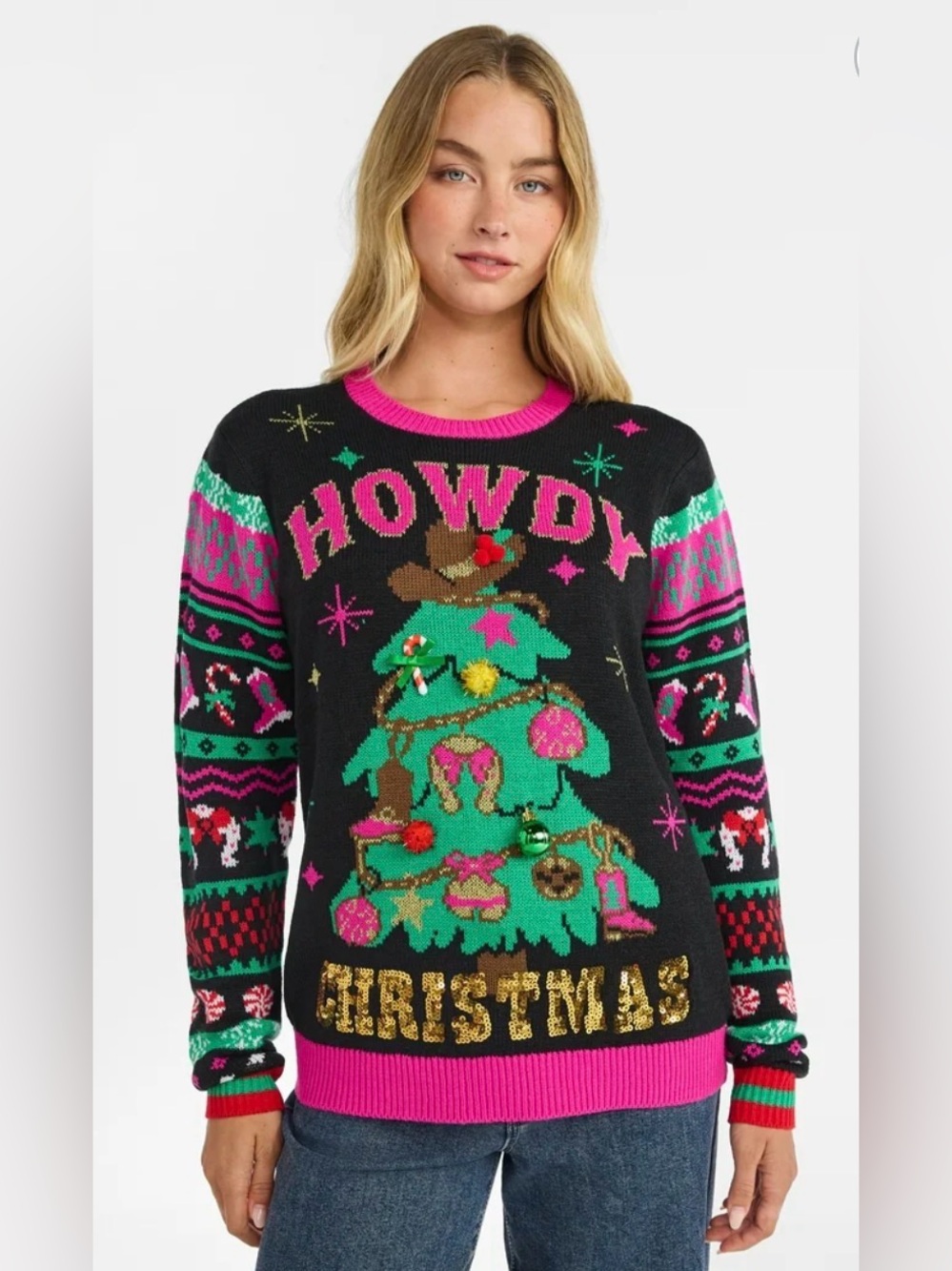 NO BOUNDARIES 'Howdy Christmas' Ugly Cowgirl Y2K Holiday Sweater w Sequins